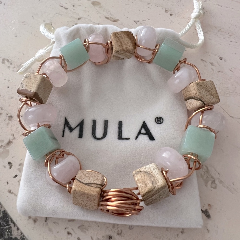 Women's Rose Quartz, Jade & Jasper wrapped in Copper Wire Bangle Bracelet